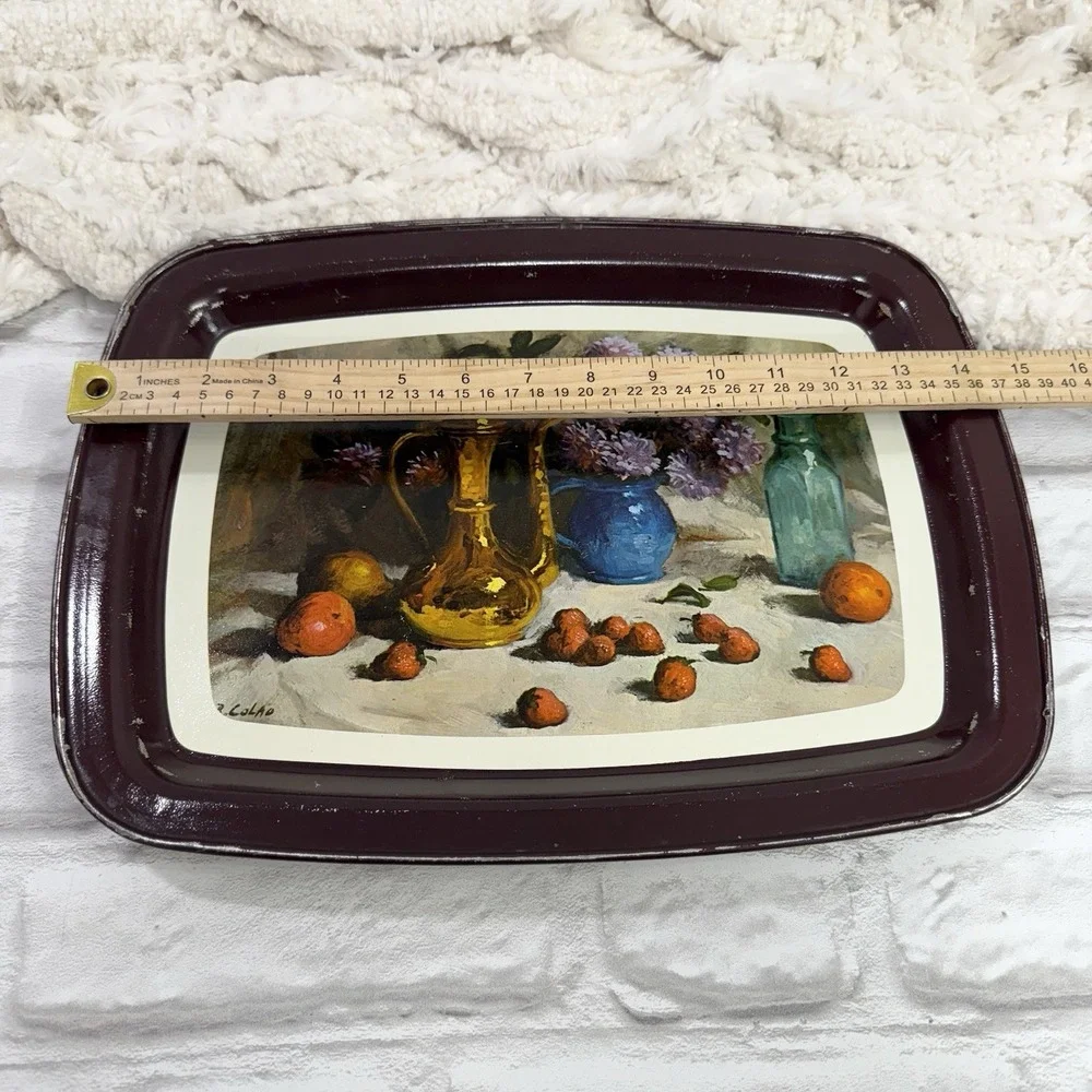 Vtg‎ Metal Autumn TV Food Trays Fruits Flowers  Farmhouse Cottagecore Set Of 8
